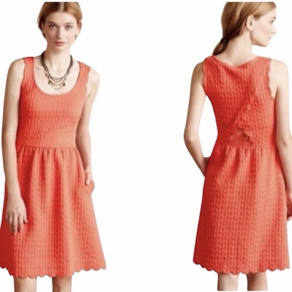 Anthropologie Maeve Caye Textured Scalloped Dress Women’s XS Coral Preppy School